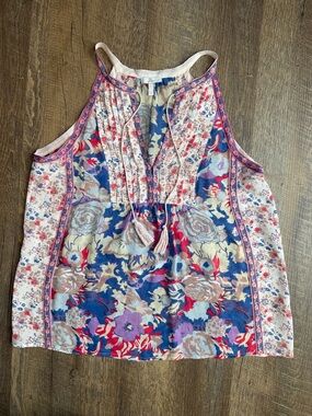 Joie Women's Floral Silk Tie-Neck Tank Red White Blue Multi Size Small